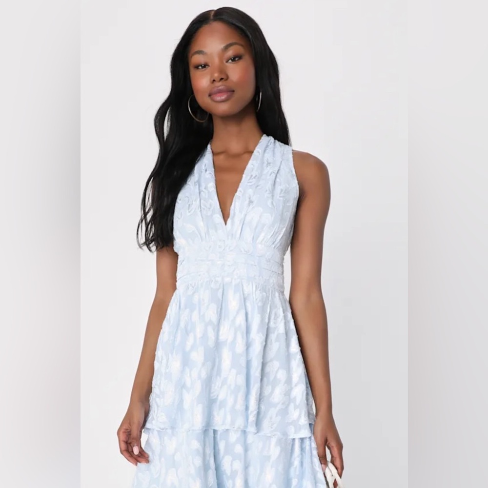 Lulus NWT “Make It Mesmerizing” Light Blue Jacquard Tiered Mini Dress Size Small - Picture 9 of 12